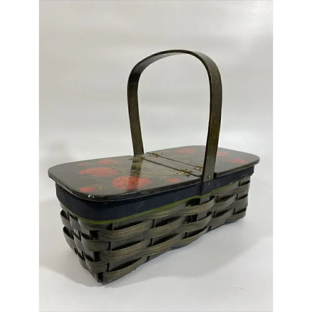 Vintage Woven Sewing Picnic Basket Purse Lined w/StrawberryDecoupaged Wooden Lid